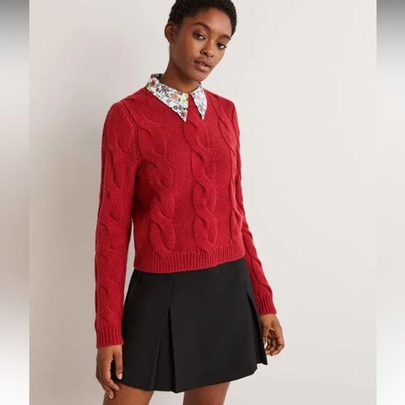 Boden Red Chunky Cable Knit Cropped Wool Blend Sweater Size 6 - Picture 1 of 8